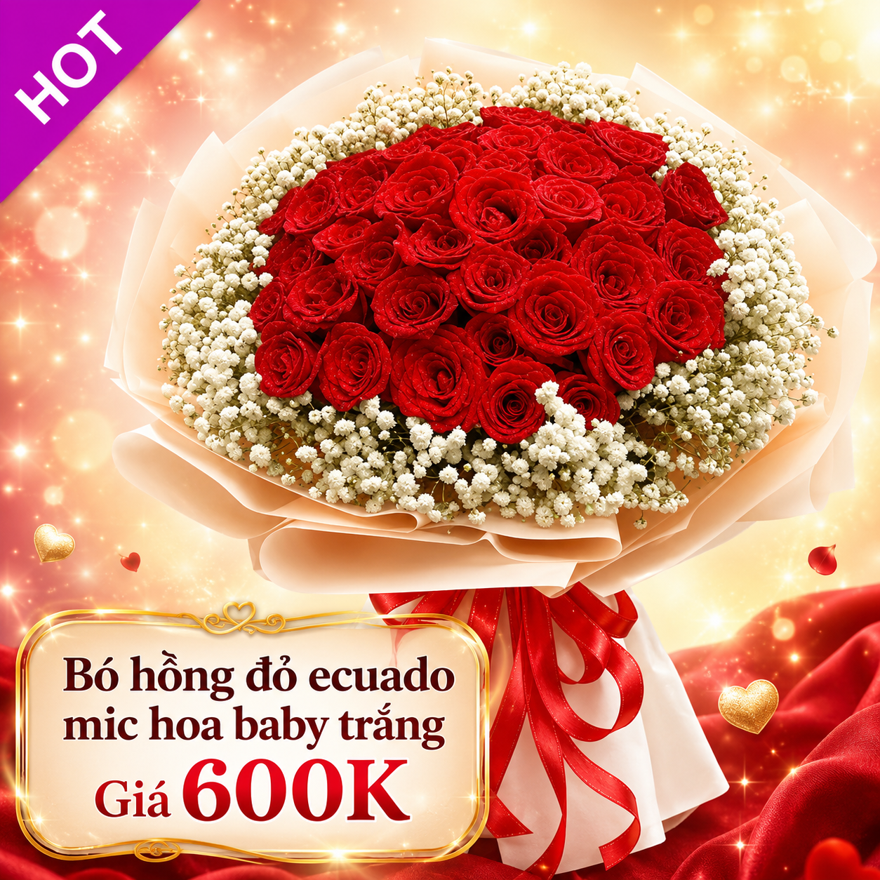 Bó hồng đỏ Ecuador mix hoa baby trắng giá 600K