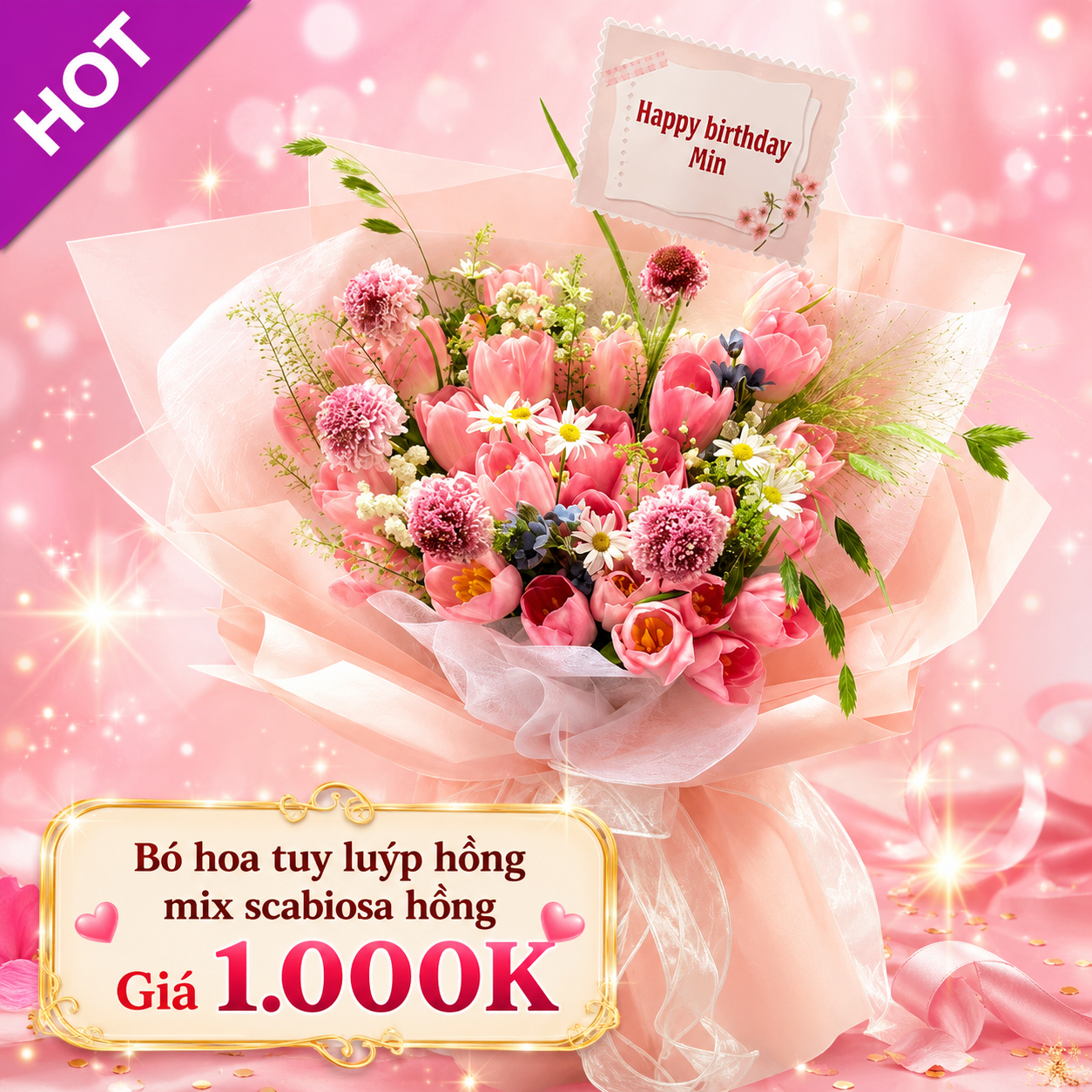Bó hoa tulip hồng phối scabiosa giá 1.000K
