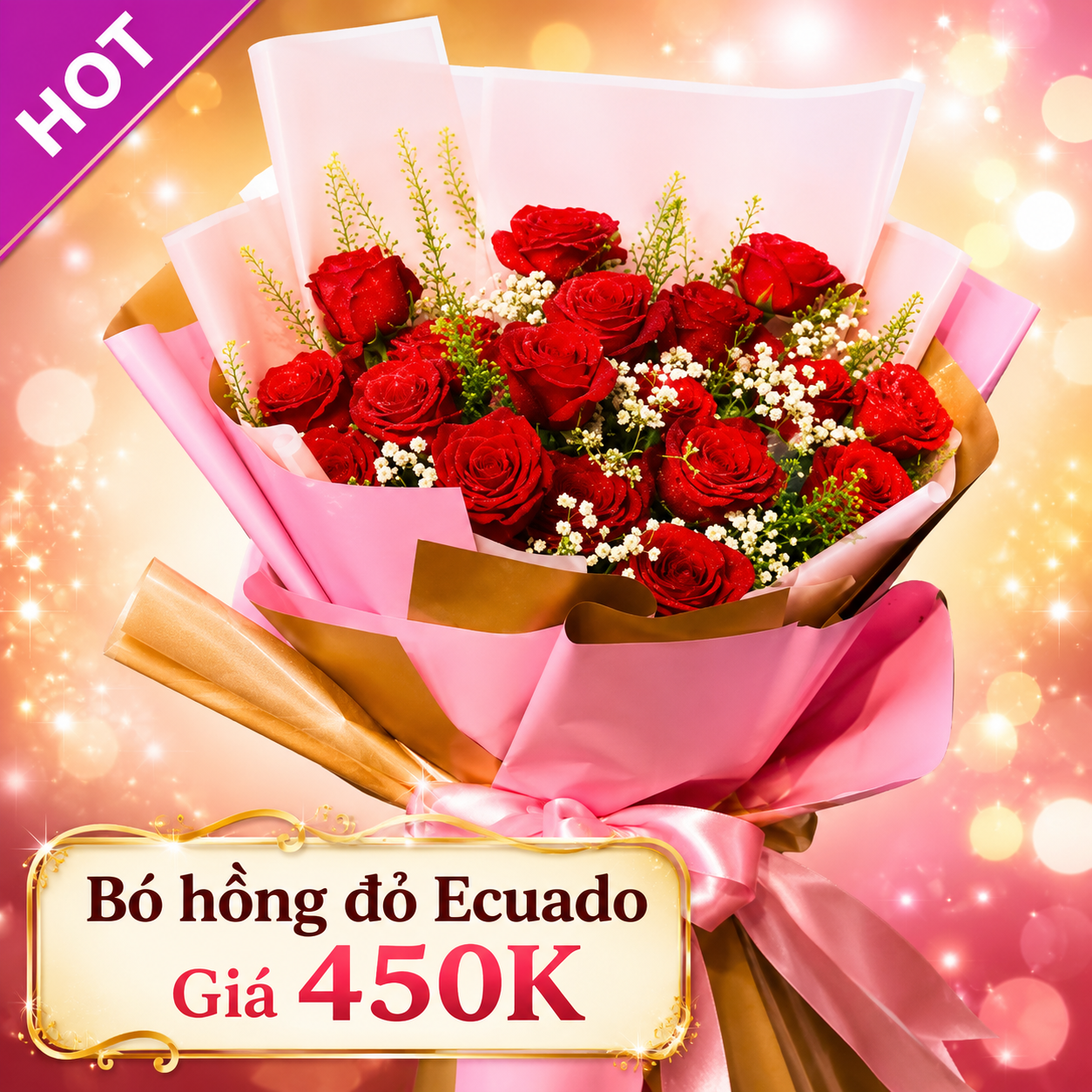 Bó hồng đỏ Ecuador giá 450K