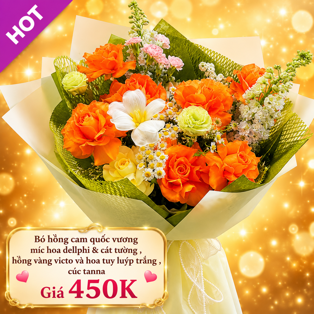 Bó hồng cam phối hoa cát tường giá 450K